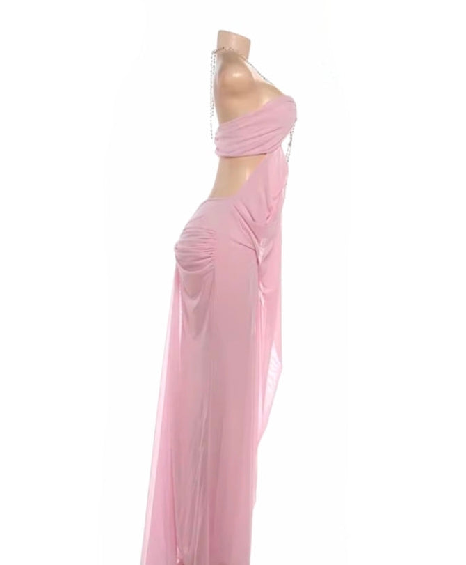 Women's Pink Sheer Mesh Long Dress