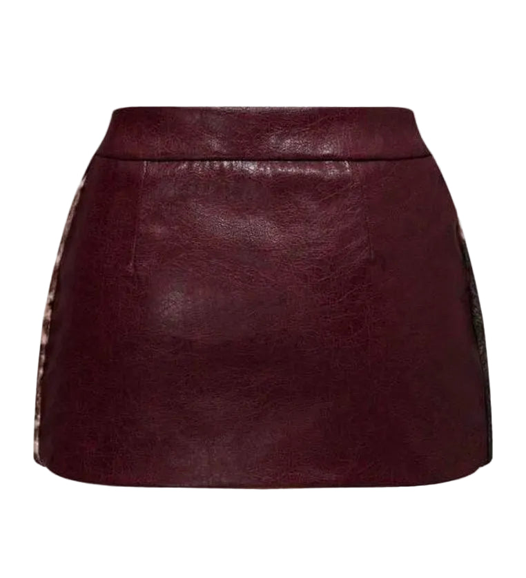 Leather Animal Fur Patchwork Mini Skirt