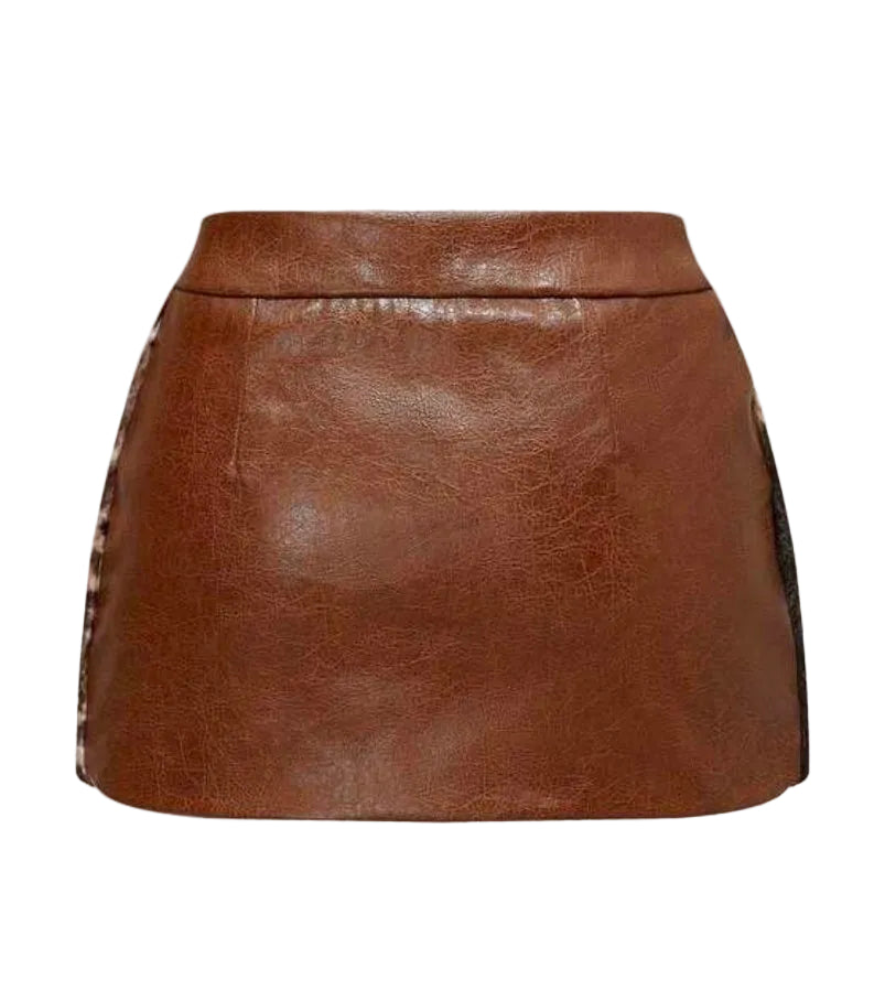 Leather Animal Fur Patchwork Mini Skirt