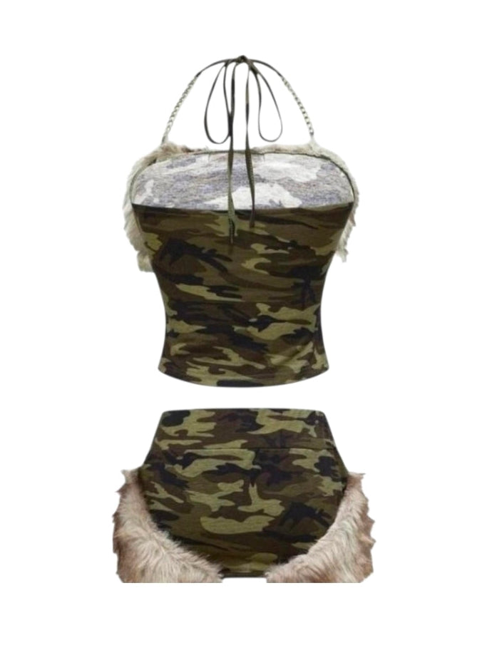 2PCS Camouflage Fur Patchwork Chain Halter Mini Skirt Set