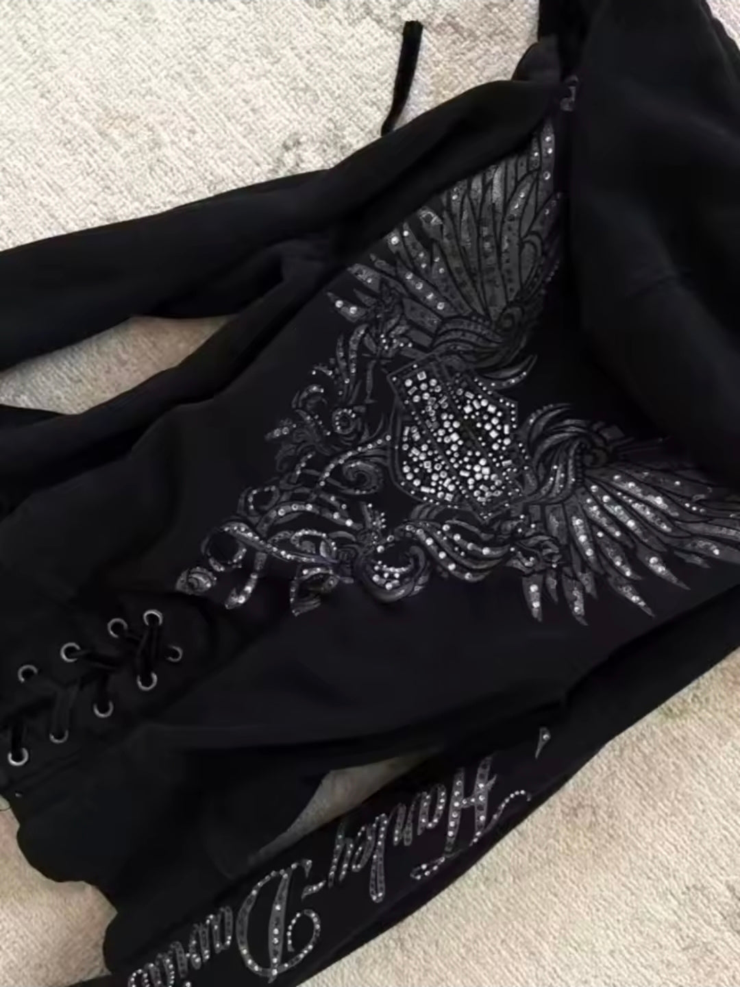 Y2K Graphic Rhinestone Lace-Up Tie Zipper Hoodie