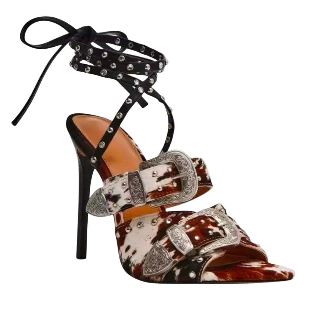 Denim Buckle Strap Studded Sandal High Heels