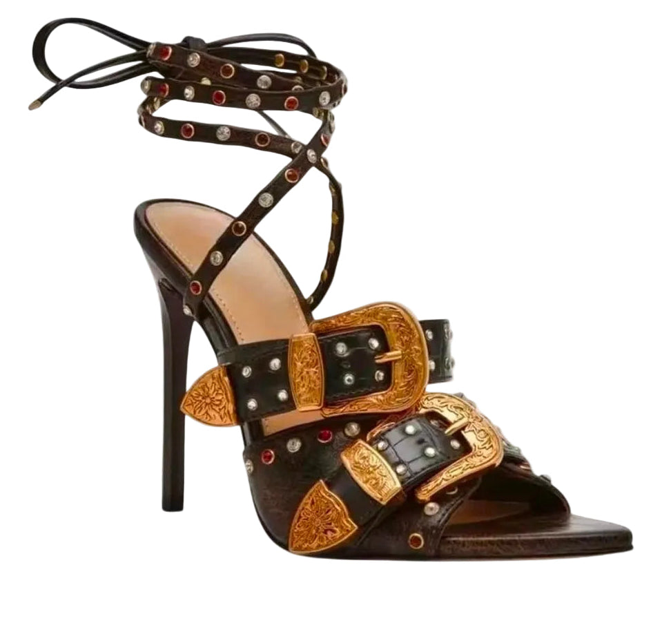 Denim Buckle Strap Studded Sandal High Heels