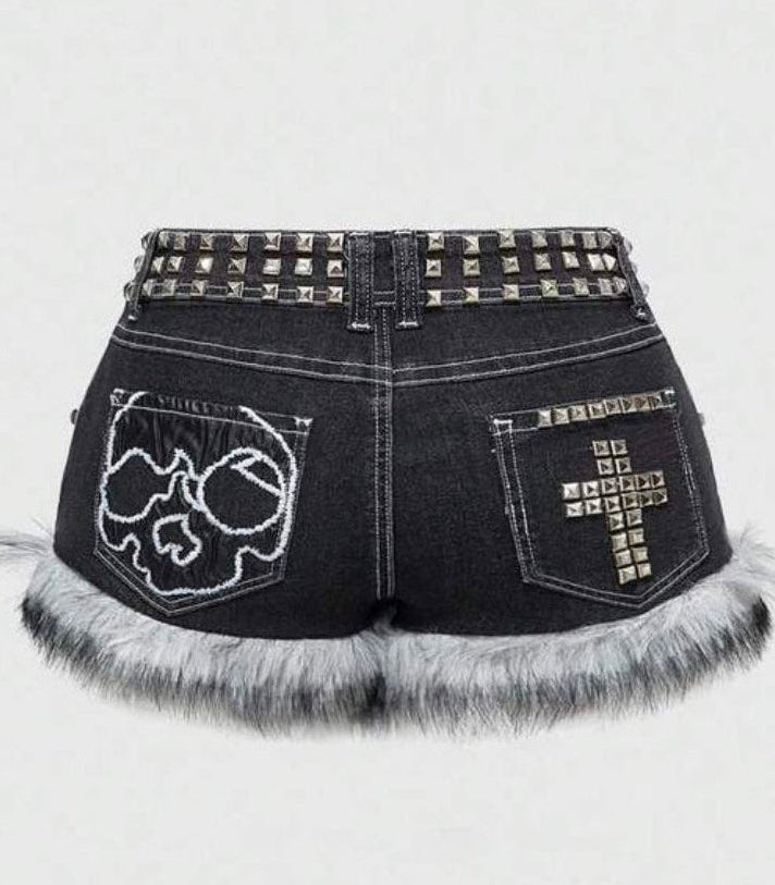 Denim Low Waist Studded Patchwork Shorts