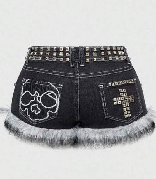 Denim Low Waist Studded Patchwork Shorts