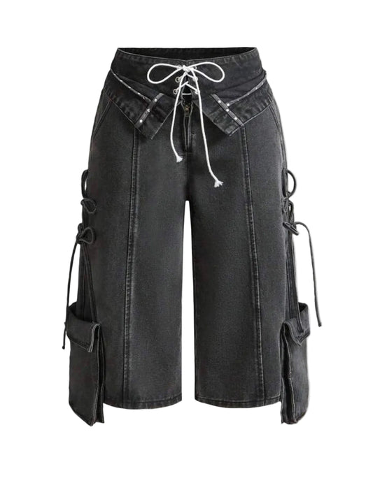 Asymmetrical Drawstring Oversized Cargo Capri Jeans