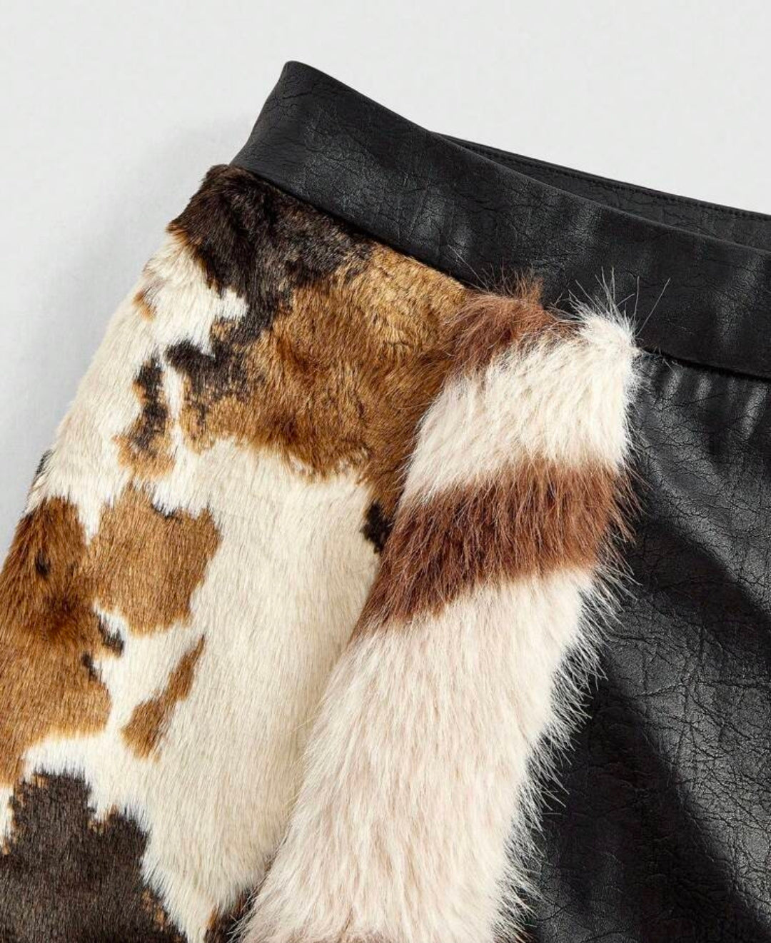 Leather Animal Fur Patchwork Mini Skirt