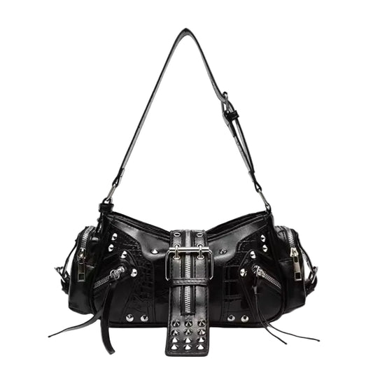 Studded Buckle Black Multi-Pocket Handbag