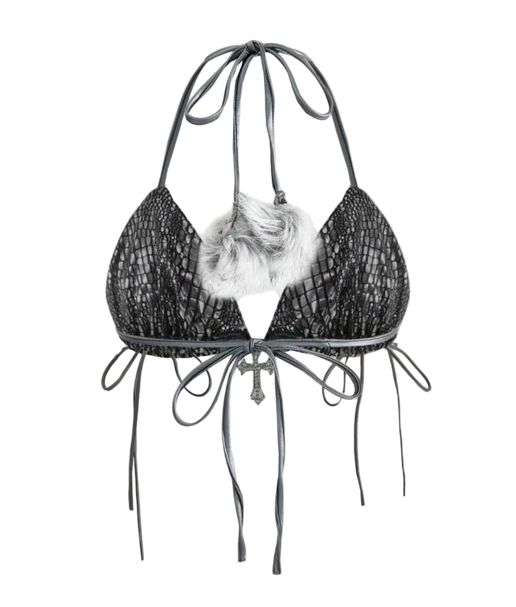 2PCS Leather Lace-Up Bikini Top Shorts Sets