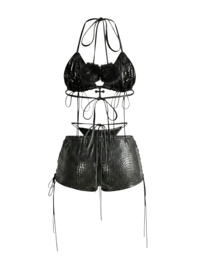 2PCS Leather Lace-Up Bikini Top Shorts Sets