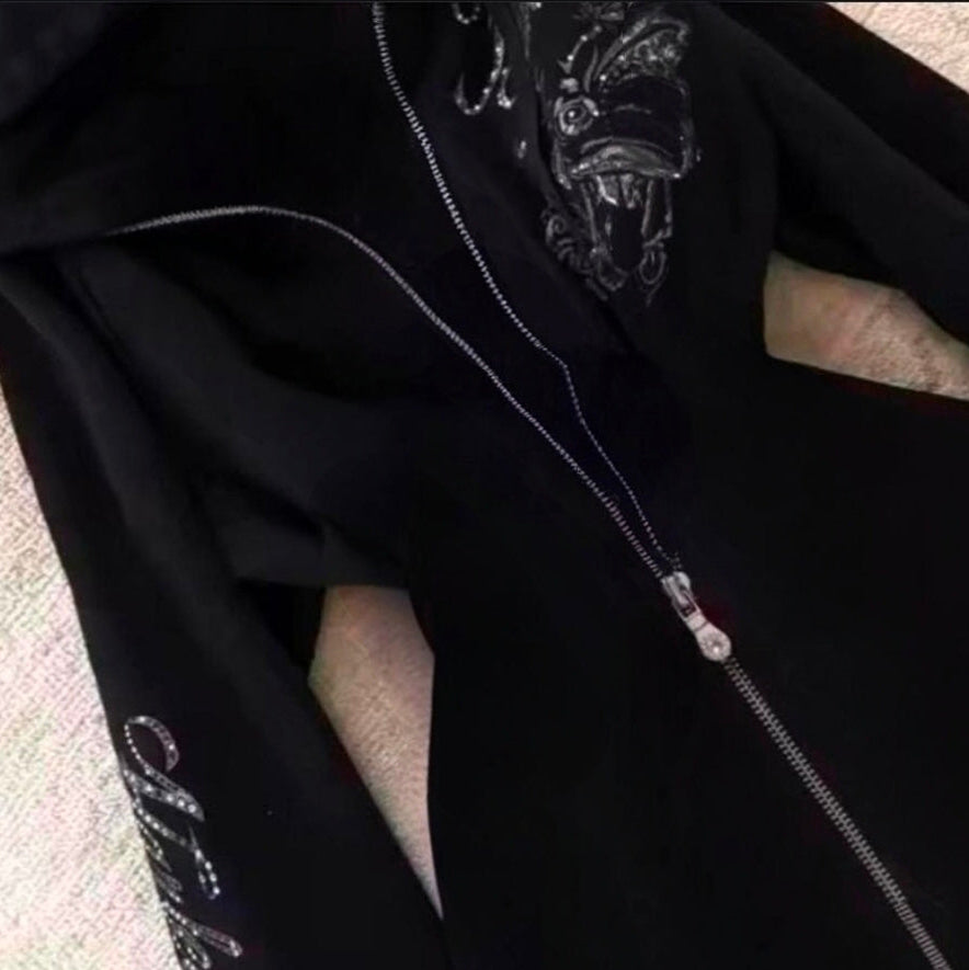 Y2K Graphic Rhinestone Lace-Up Tie Zipper Hoodie