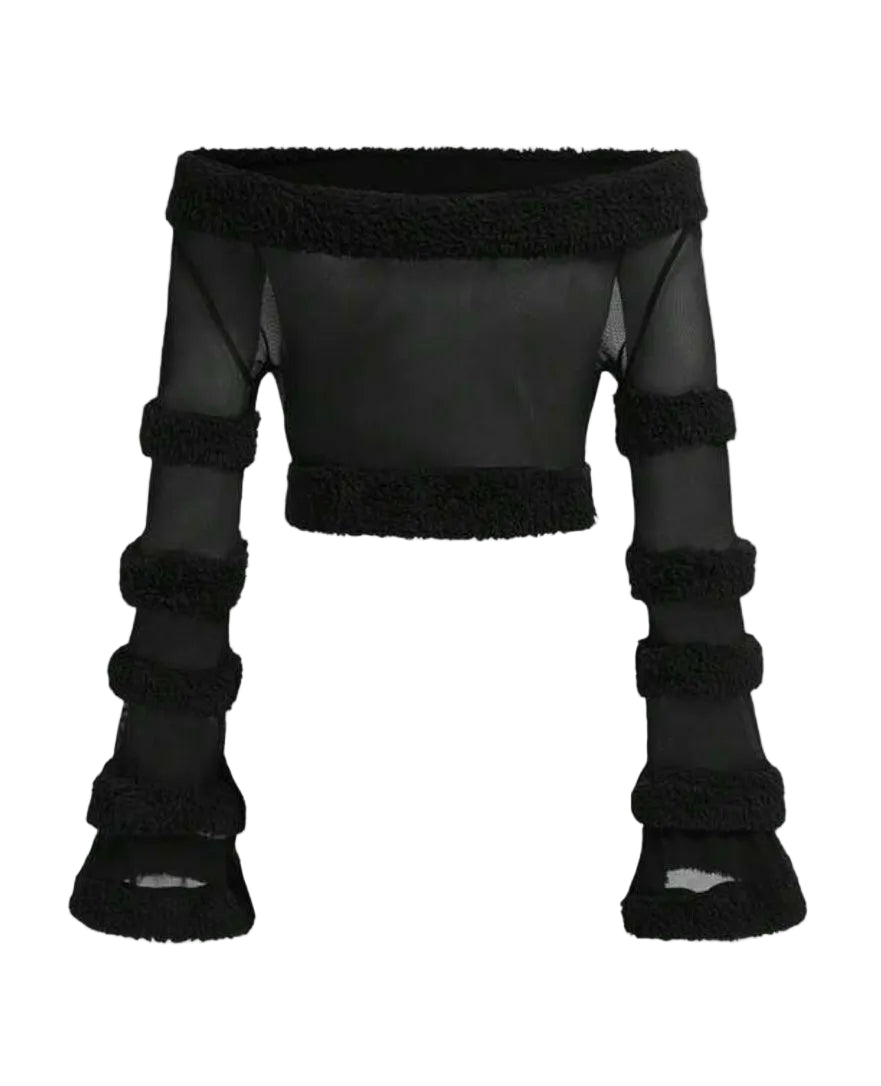 2PCS Off-Shoulder Mesh Fur Trim Low Waist Skirt