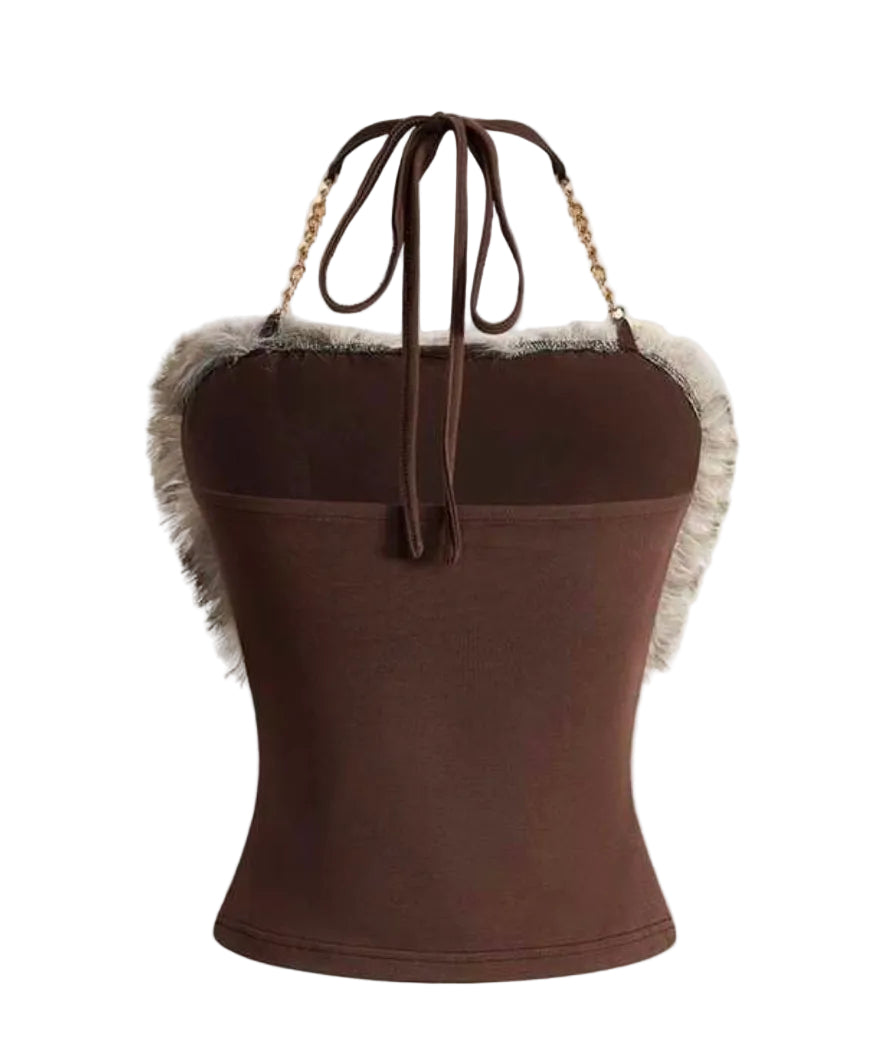 2PCS Brown Fur Patchwork Chain Halter Mini Skirt Set