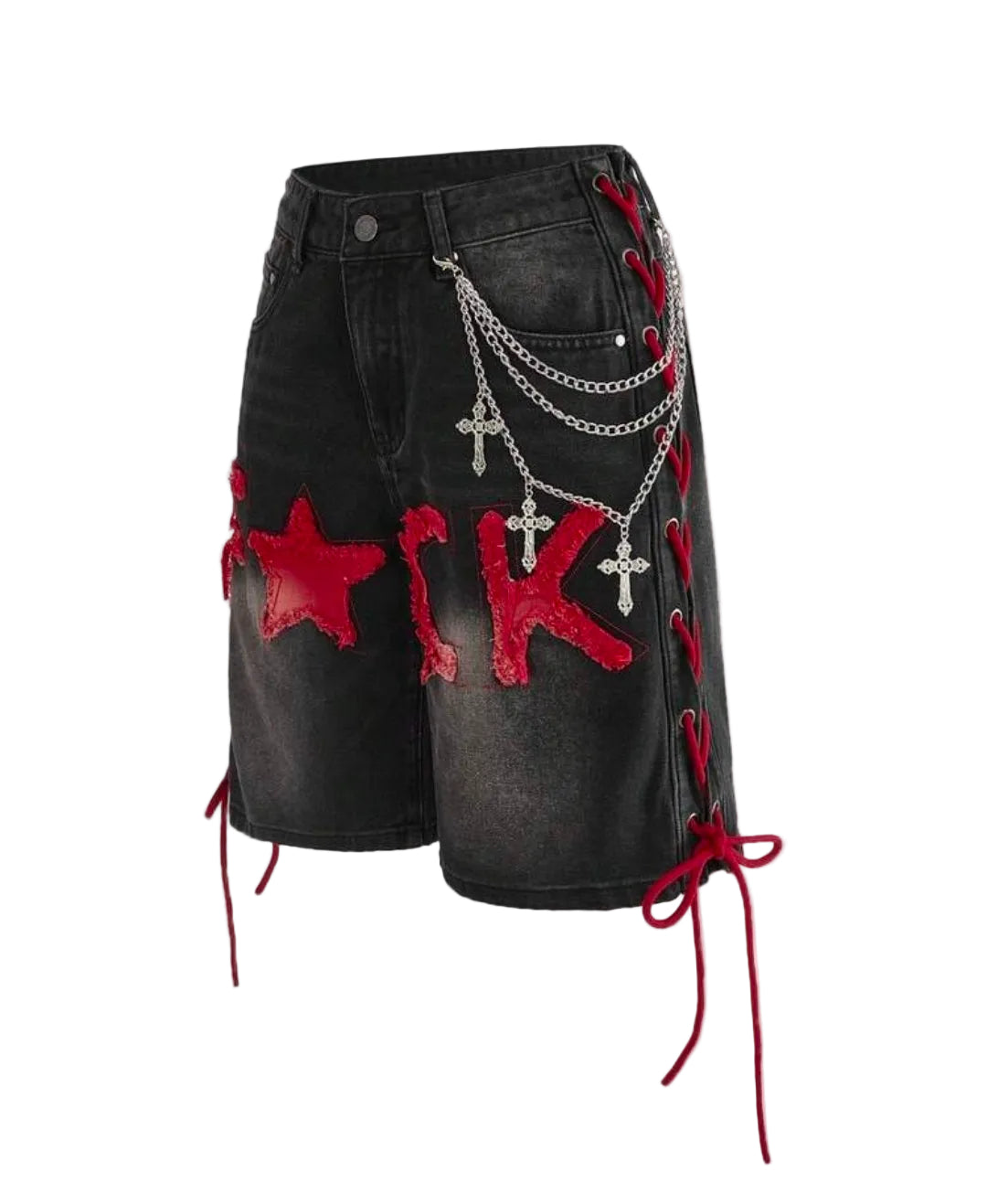 Star Lace-Up Denim Shorts with Cross Chain Detail