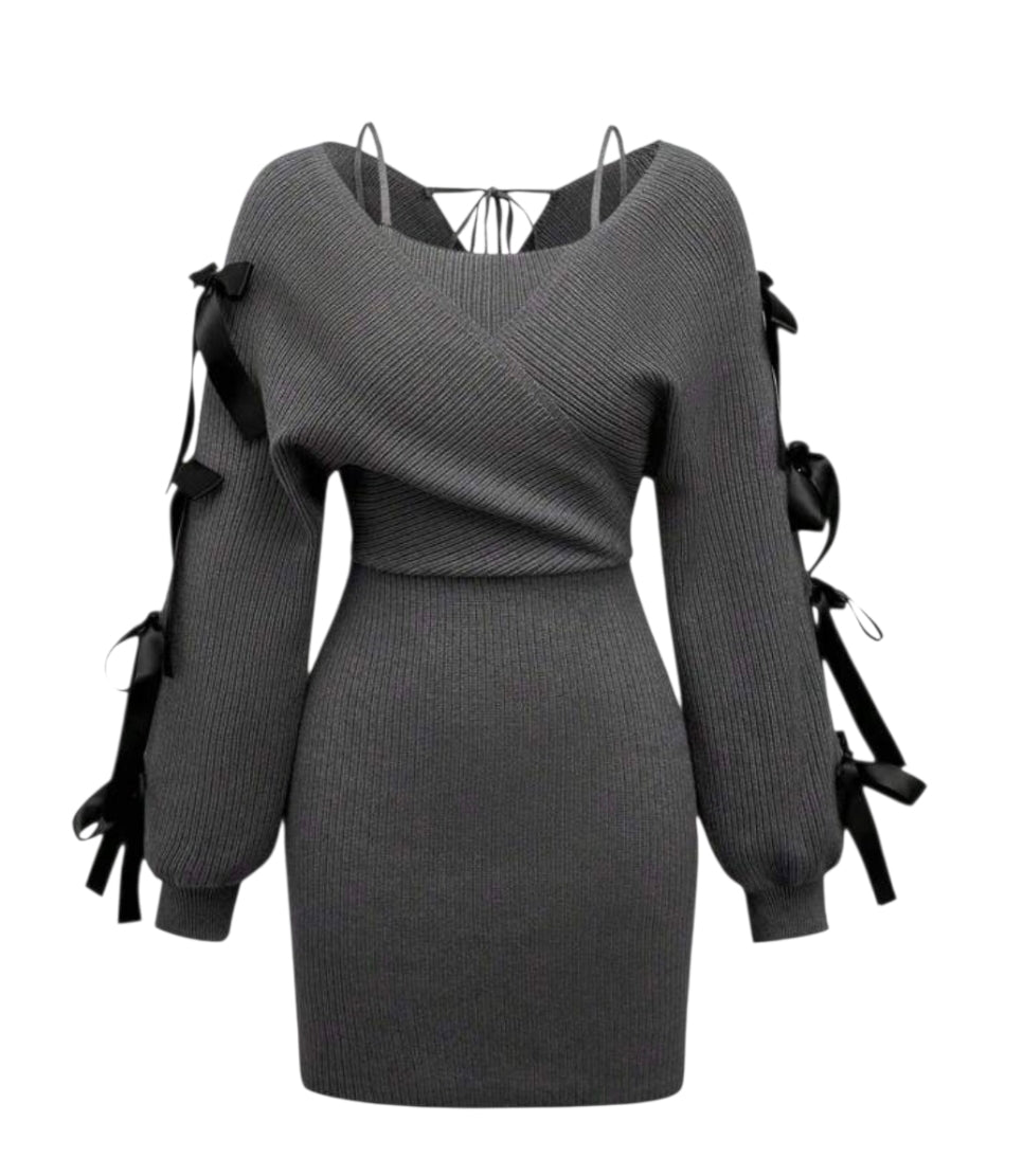 Grey Off The Shoulder Bodycon Bowknot Midi Dress