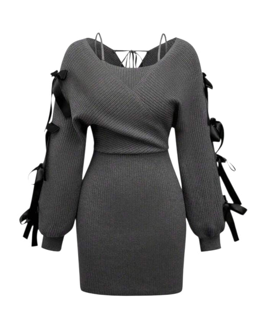 Grey Off The Shoulder Bodycon Bowknot Midi Dress