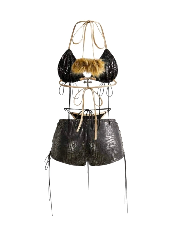 2PCS Leather Lace-Up Bikini Top Shorts Sets