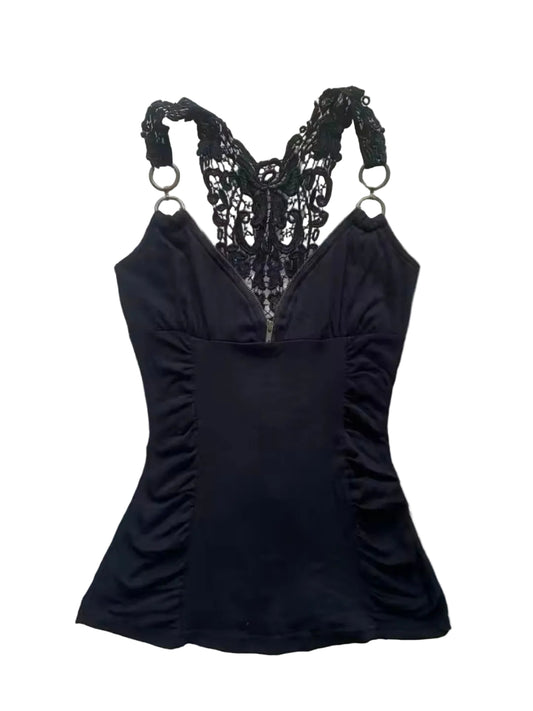 Lace Racerback Tank Top – Elegant Zip-Front Sleeveless Top