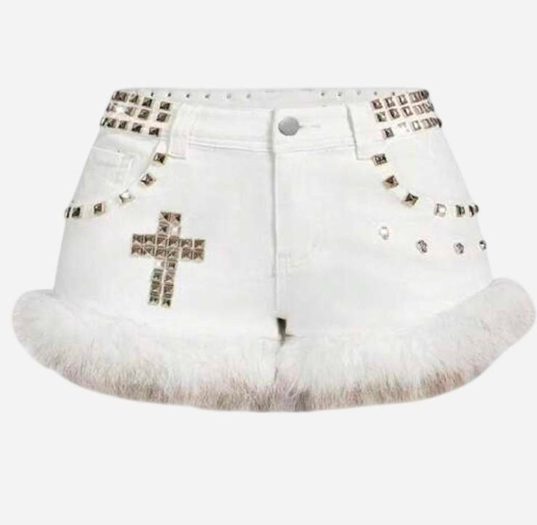 Denim Low Waist Studded Patchwork Shorts