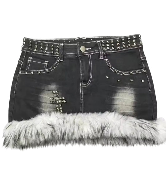 Retro Denim Cross-Studded Fur Hem Y2K Mini Skirt