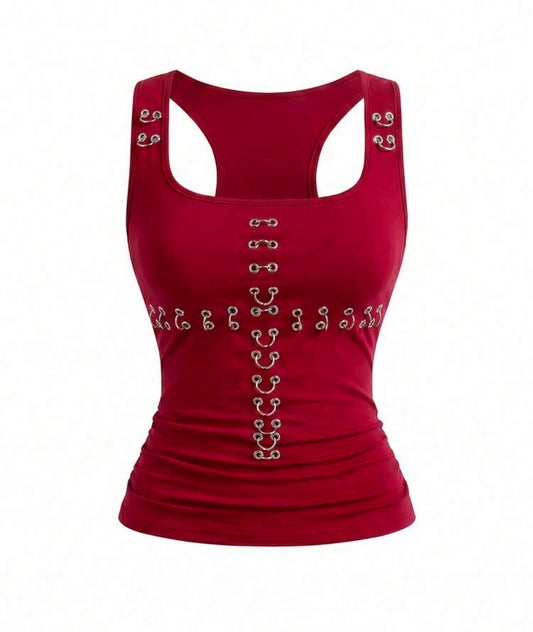 Red Rivet Tank Top – Bold Y2K Sleeveless Crop Top
