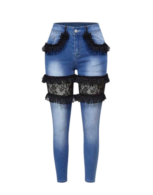 Y2K Style Ribbon Mesh Lace Trim Straight Leg Jeans
