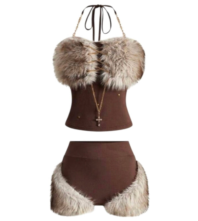 2PCS Brown Fur Patchwork Chain Halter Mini Skirt Set