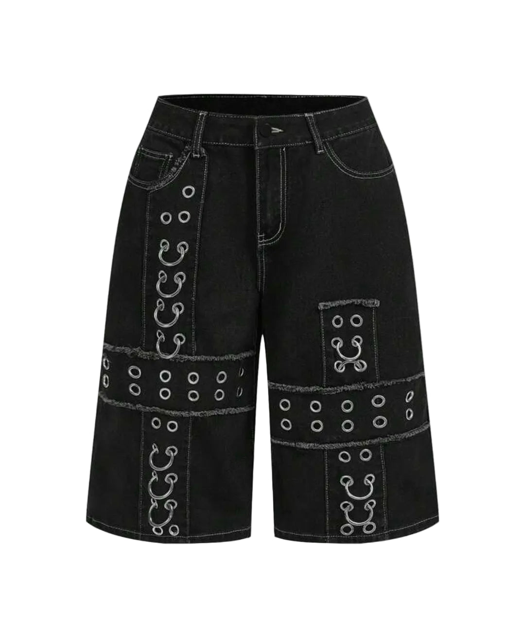 Denim Rivet Eyelet Cross Loose Shorts