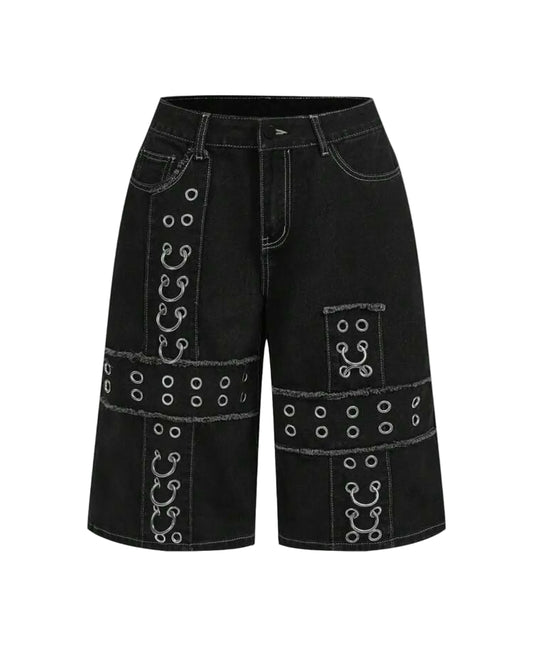 Denim Rivet Eyelet Cross Loose Shorts