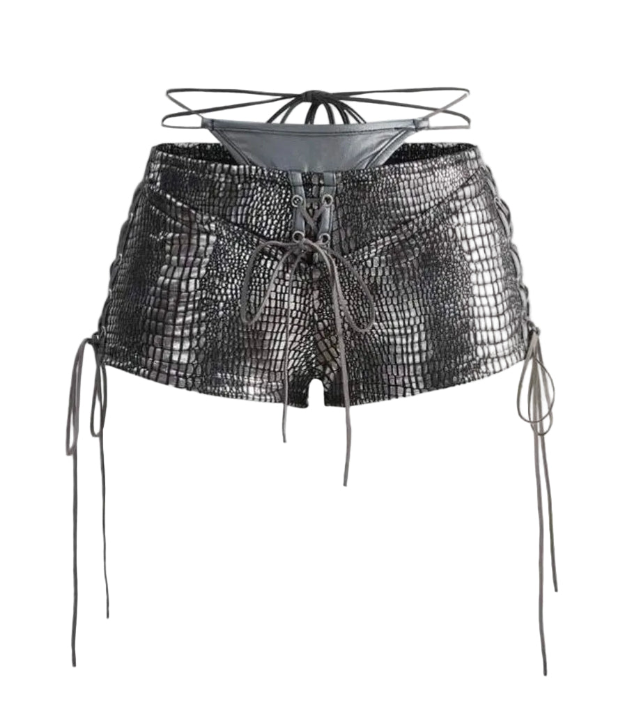 2PCS Leather Lace-Up Bikini Top Shorts Sets
