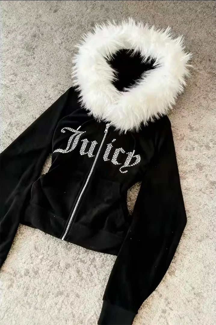 Y2K Fur Collar Zipper Sweater Hoodie