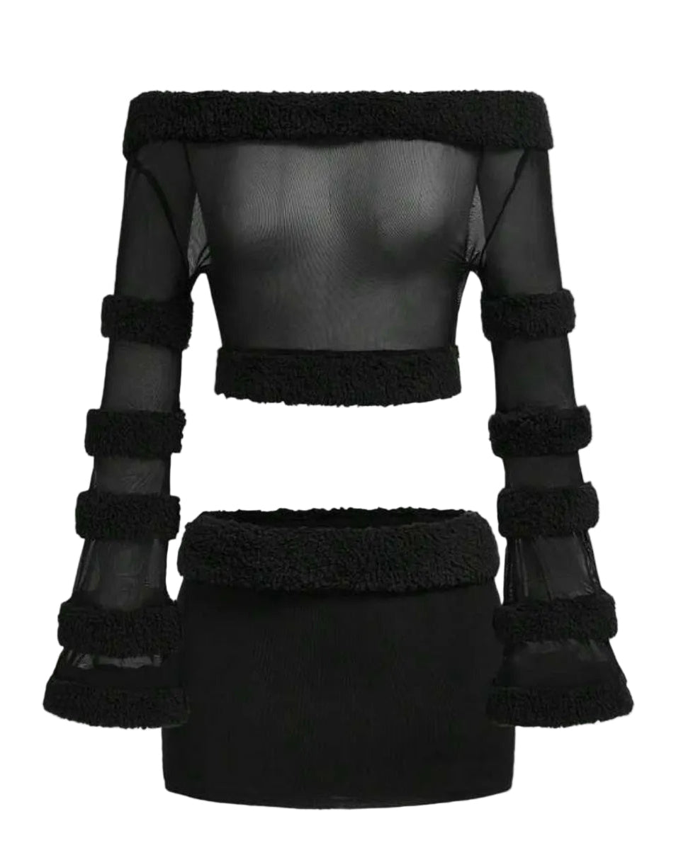 2PCS Off-Shoulder Mesh Fur Trim Low Waist Skirt