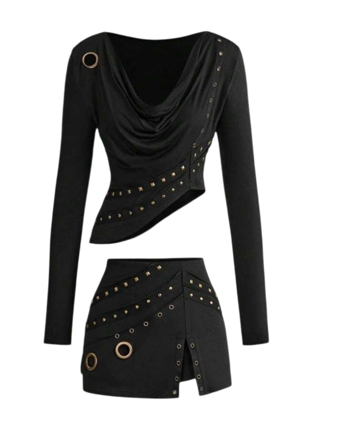 2PCS Gold Studded Asymmetrical Top Low Waist Mini Skirt Sets