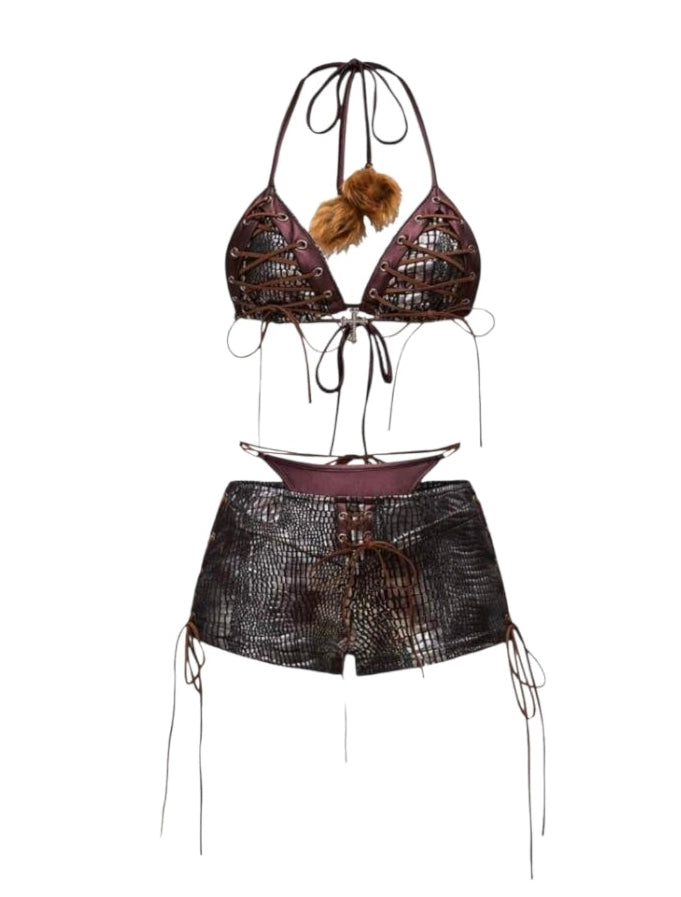 2PCS Leather Lace-Up Bikini Top Shorts Sets
