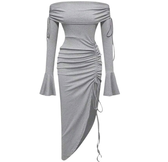 Grey off The Shoulder Ruched Bodycon Midi Dress