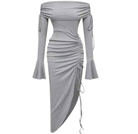 Grey off The Shoulder Ruched Bodycon Midi Dress