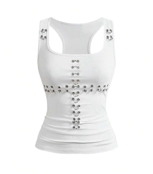 White Rivet Tank Top – Bold Y2K Sleeveless Crop Top
