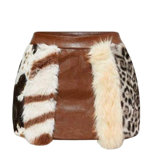 Leather Animal Fur Patchwork Mini Skirt