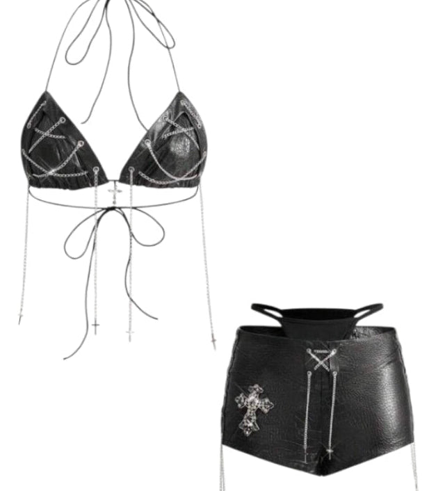 2pcs Leather Lace-Up Chain Low Waist Shorts Bikini Set