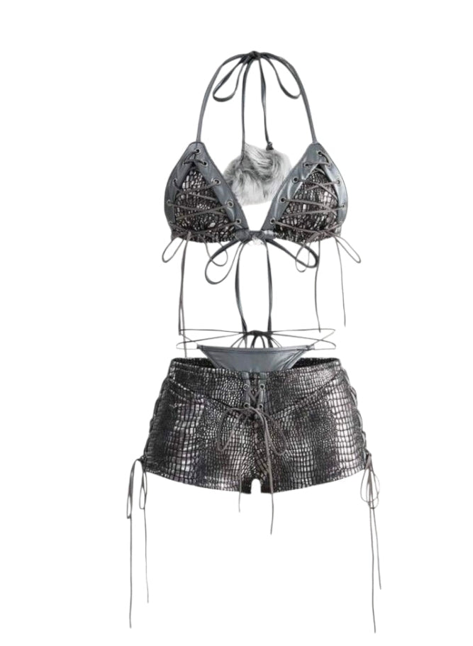 2PCS Leather Lace-Up Bikini Top Shorts Sets