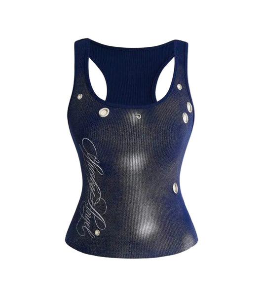 Ribbed Grommet Graphic Tank Top Y2K Sleeveless Fitted Top