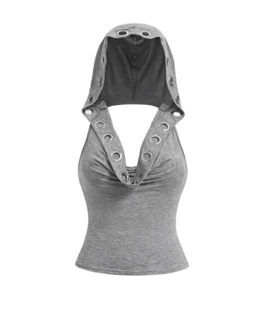 Grey Eyelet Metal Hooded Tank Top