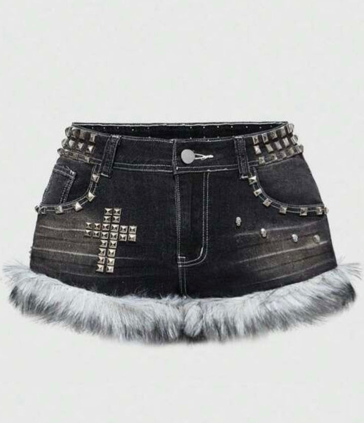 Denim Low Waist Studded Patchwork Shorts