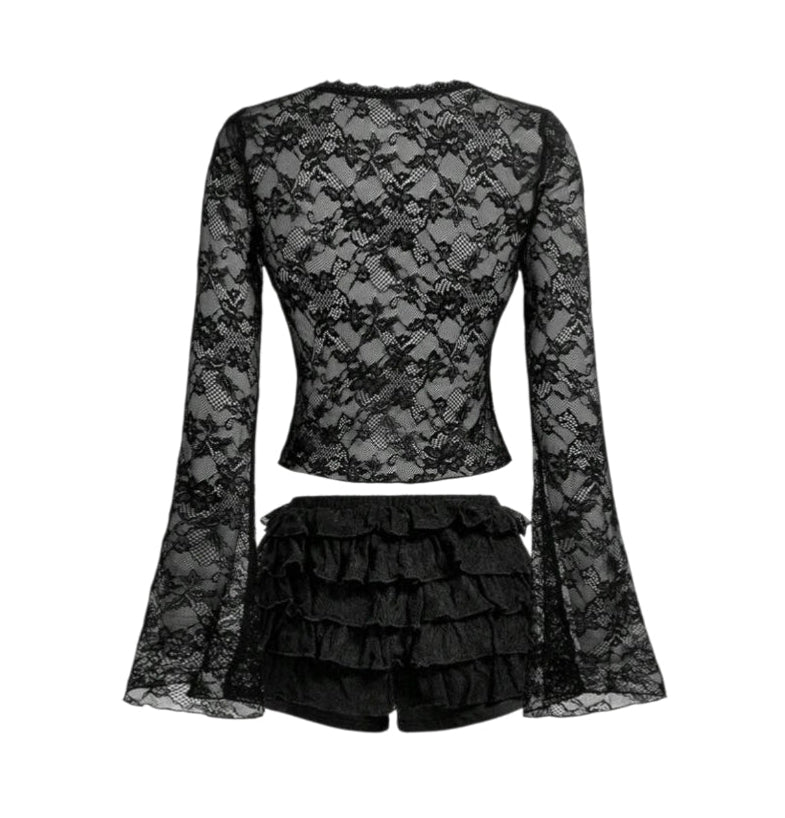 2PCS Mesh Lace Flare Sleeves Top Ruffle Shorts Sets