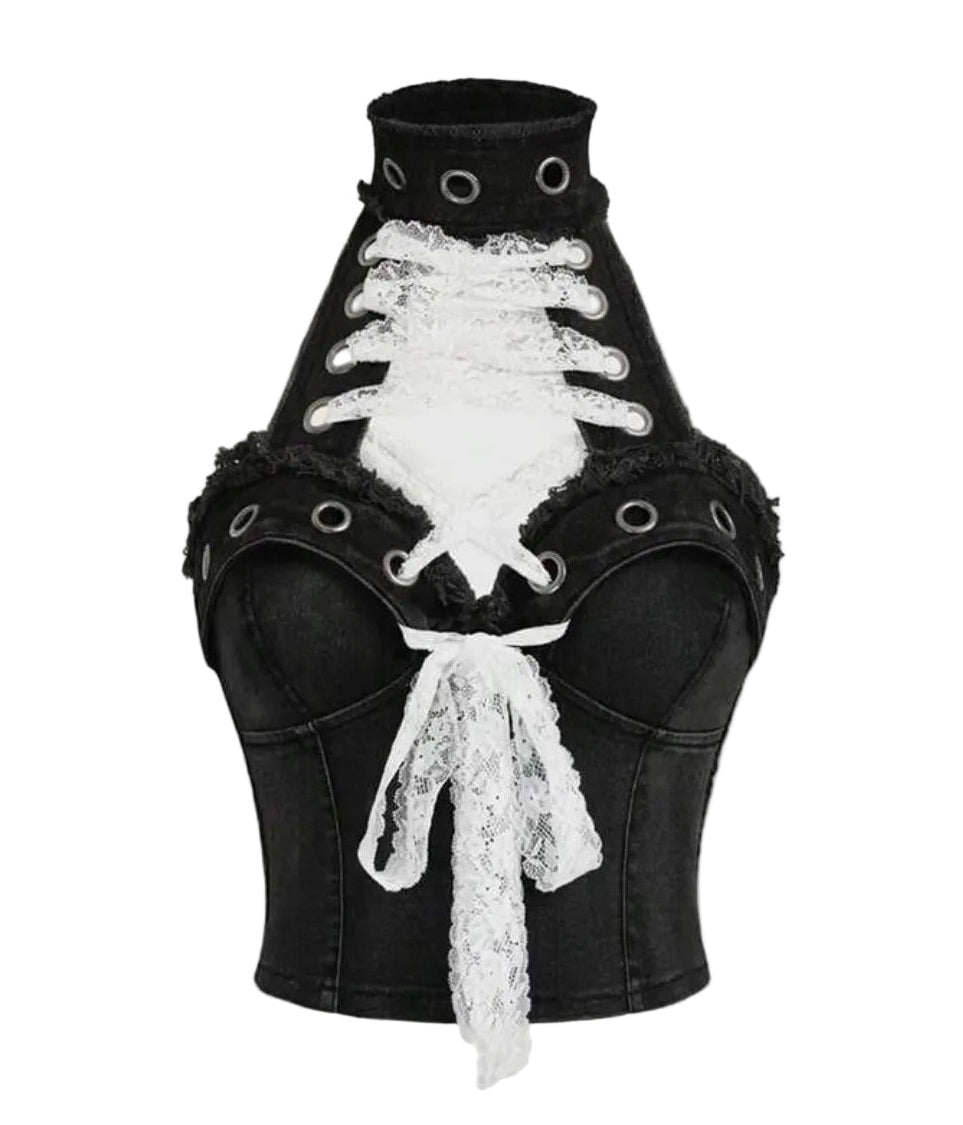 Denim Lace-Up Rivet Halter Top