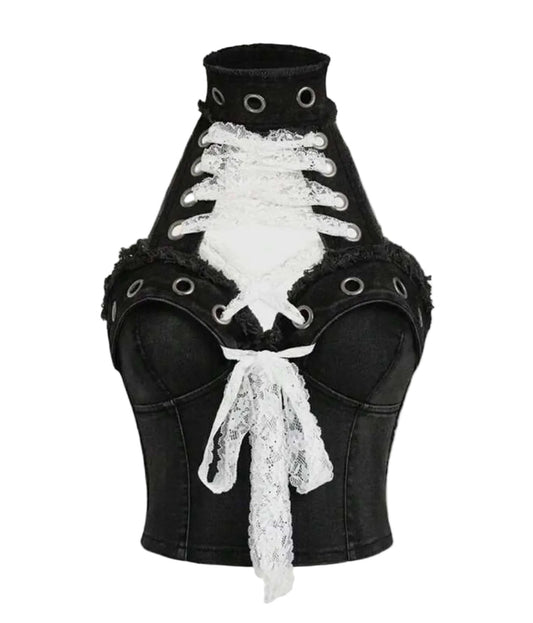 Denim Lace-Up Rivet Halter Top