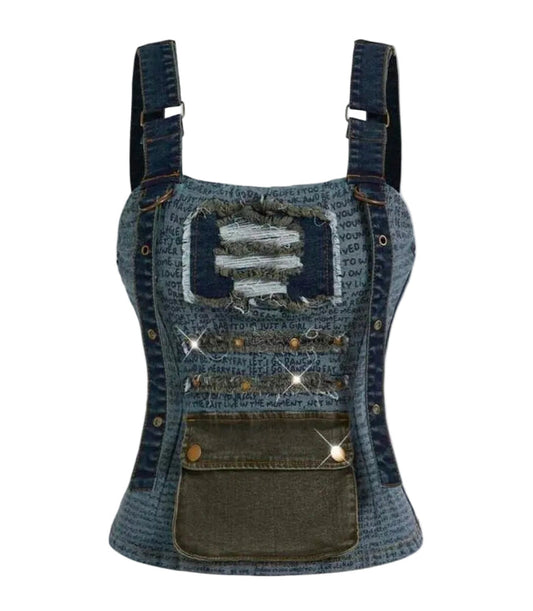 Denim Patchwork Adjustable Strap Top
