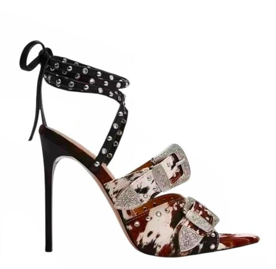 Denim Buckle Strap Studded Sandal High Heels