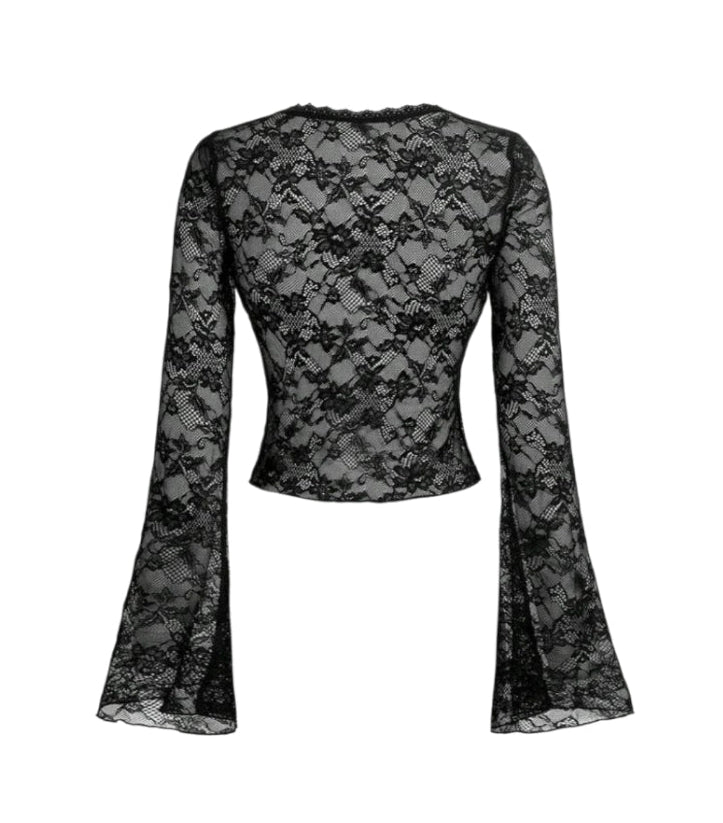 2PCS Mesh Lace Flare Sleeves Top Ruffle Shorts Sets