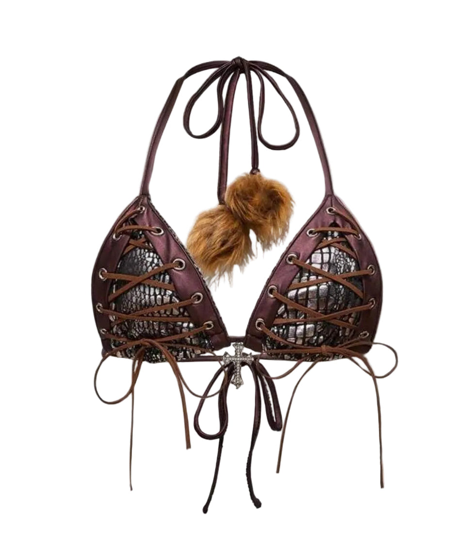 2PCS Leather Lace-Up Bikini Top Shorts Sets